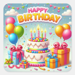 Happy Birthday for Kids - Colourful Balloons Cake Square Sticker