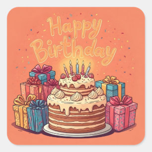 Happy Birthday for Kids - Colourful Gifts Cake Square Sticker