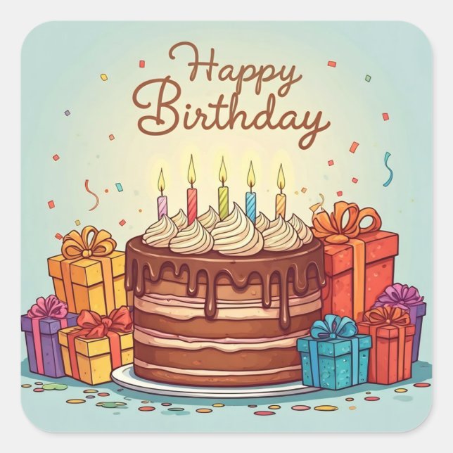 Happy Birthday for Kids - Colourful Gifts Cake Square Sticker (Front)