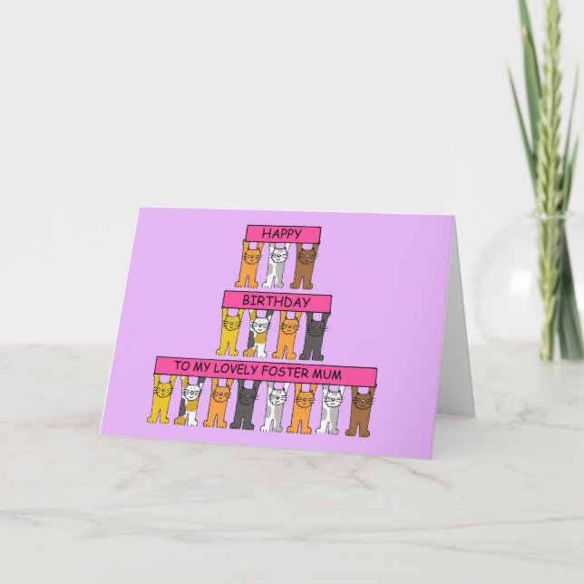 Happy Birthday Foster Mum Cartoon Cats Card (Front)