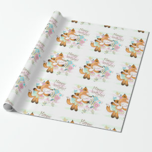 Happy Birthday Fox And Flowers Wrapping Paper