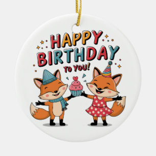 Happy Birthday Foxes Ceramic Tree Decoration