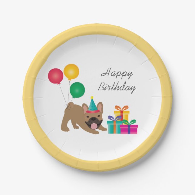 Happy Birthday French Bulldog Colourful Paper Plate (Front)