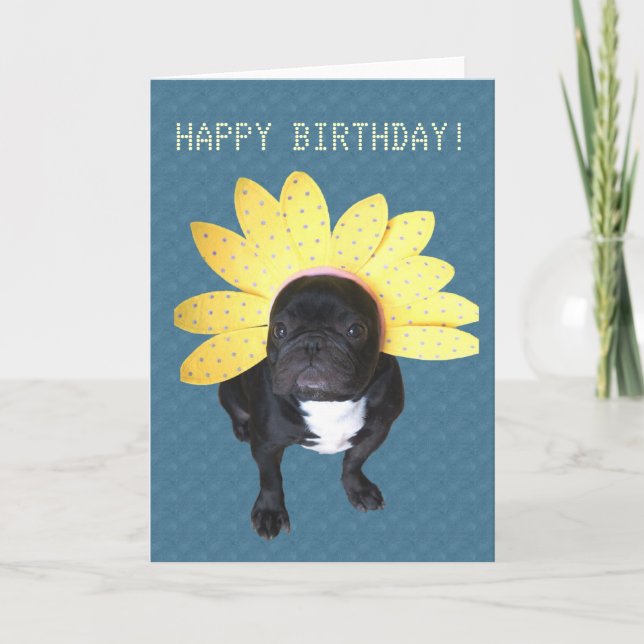 Happy Birthday French Bulldog Flower Card (Front)