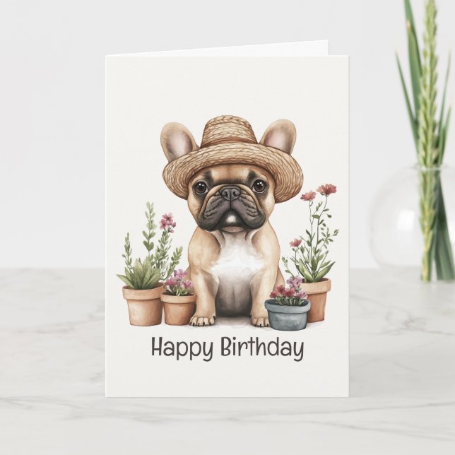 Happy Birthday French Bulldog Gardening Flower Pot Card (Front)