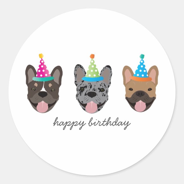 Happy Birthday French Bulldog Party Hats Classic Round Sticker (Front)