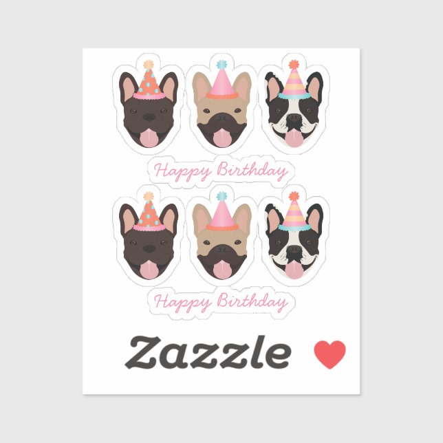 Happy Birthday French Bulldog Party Hats Pink (Sheet)