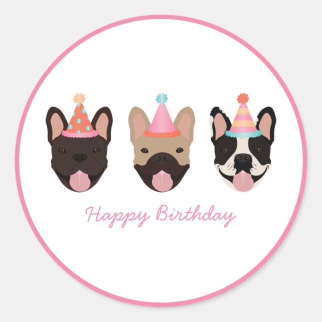 Happy Birthday French Bulldog Party Hats Pink Classic Round Sticker (Front)