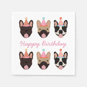 Happy Birthday French Bulldog Party Hats Pink Napkin