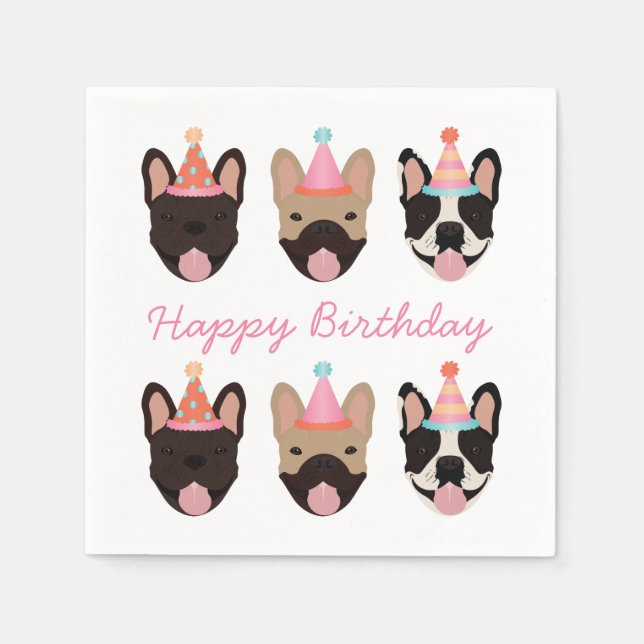 Happy Birthday French Bulldog Party Hats Pink Napkin (Front)