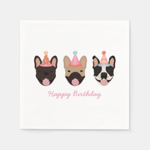 Happy Birthday French Bulldog Party Hats Pink Napkin