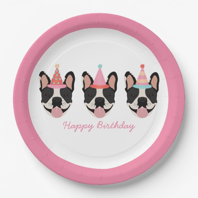 Happy Birthday French Bulldog Party Hats Pink Paper Plate (Front)