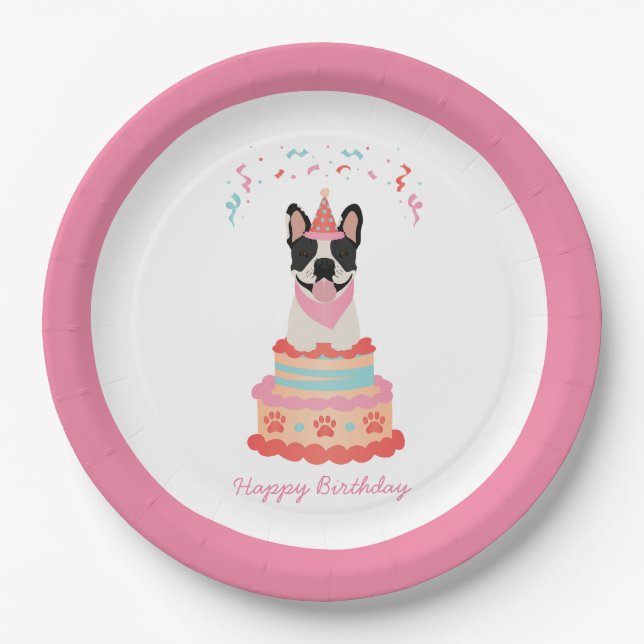 Happy Birthday French Bulldog Party Hats Pink Paper Plate (Front)