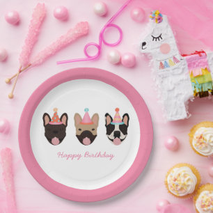 Happy Birthday French Bulldog Party Hats Pink Paper Plate