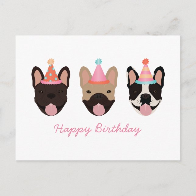 Happy Birthday French Bulldog Party Hats Pink Postcard (Front)