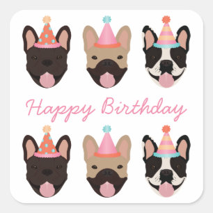 Happy Birthday French Bulldog Party Hats Pink Square Sticker