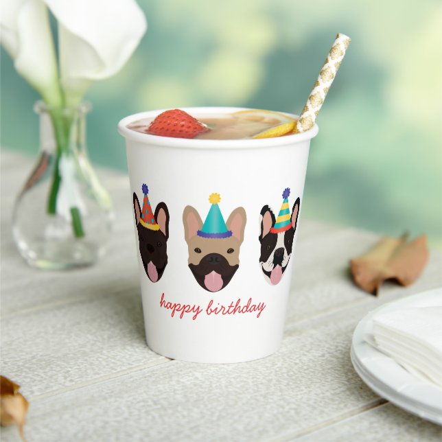 Happy Birthday French Bulldog Party Hats Red Paper Cups (Insitu)