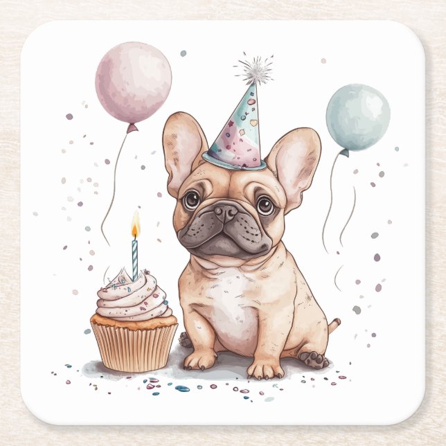 Happy Birthday French Bulldog Square Paper Coaster (Front)