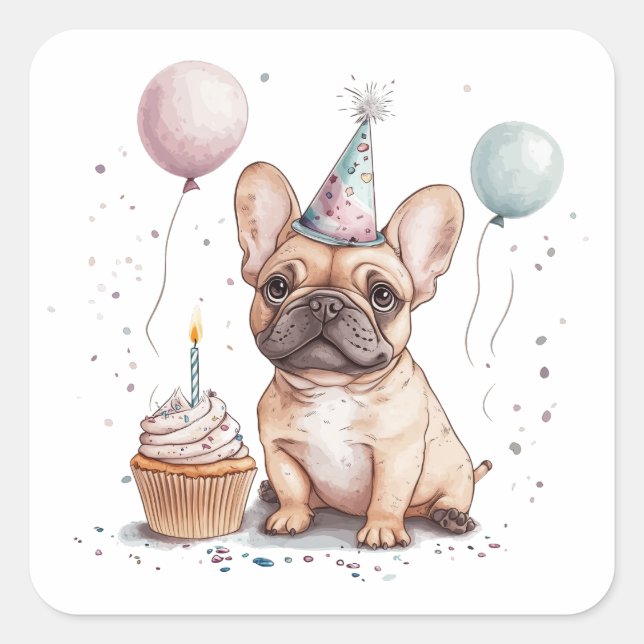 Happy Birthday French Bulldog Square Sticker (Front)
