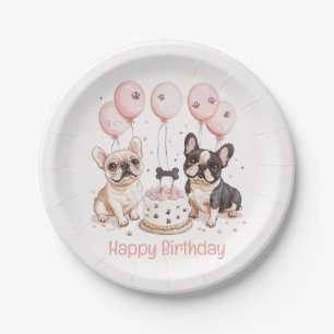Happy Birthday French Bulldogs Birthday Cake Pink Paper Plate