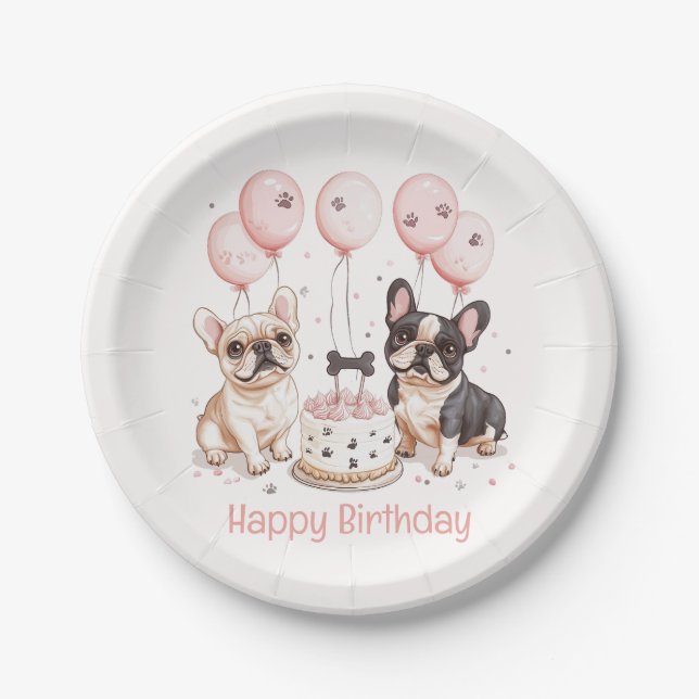 Happy Birthday French Bulldogs Birthday Cake Pink Paper Plate (Front)