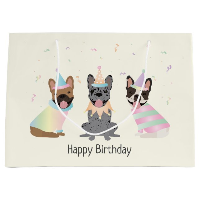 Happy Birthday French Bulldogs Large Gift Bag (Front)