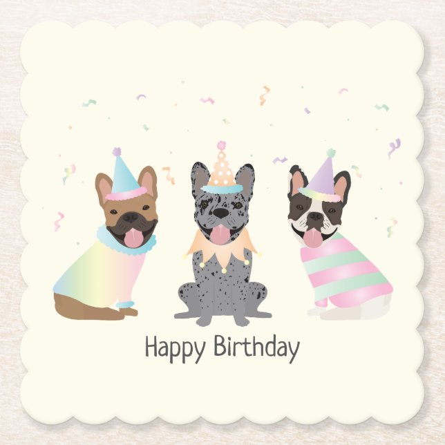 Happy Birthday French Bulldogs Paper Coaster (Front)
