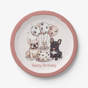 Happy Birthday French Bulldogs Party Hats Paper Plate