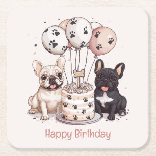 Happy Birthday French Bulldogs Party Hats Square Paper Coaster