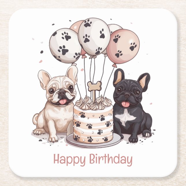 Happy Birthday French Bulldogs Party Hats Square Paper Coaster (Front)