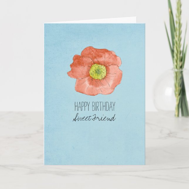 Happy Birthday Friend Red Watercolor Poppy Card (Front)