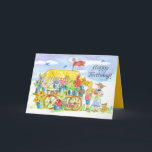 Happy Birthday Friends Flower Cart Puppy Dog Card<br><div class="desc">Happy birthday greetings featuring two women friends buying bouquets of fresh flowers at a farmer's market cart with a little puppy dog and bluebirds flying in the sky hand illustrated with watercolor. On the inside is a coordinating shade of bright yellow with a little red flower and text you can...</div>