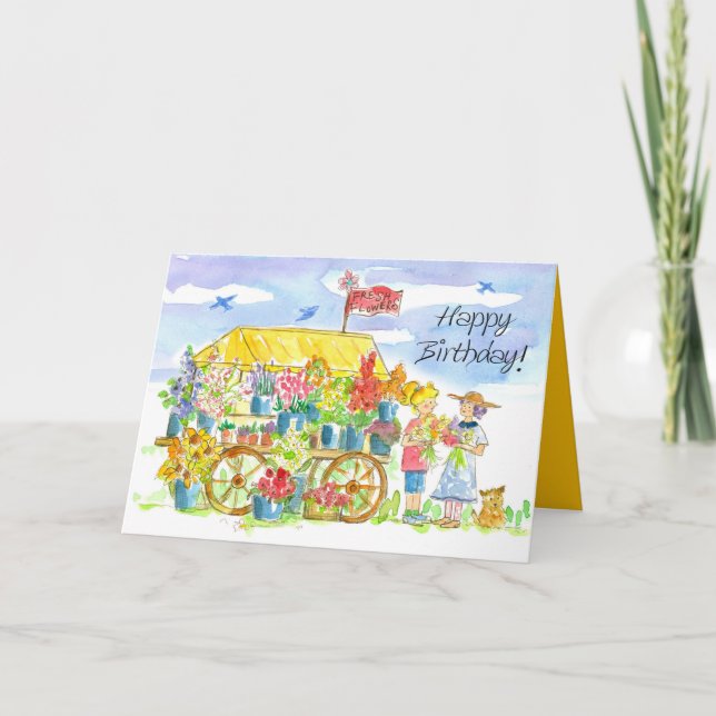 Happy Birthday Friends Flower Cart Puppy Dog Card (Front)
