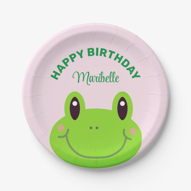 Happy Birthday Frog Cute Pink Paper Plate (Front)