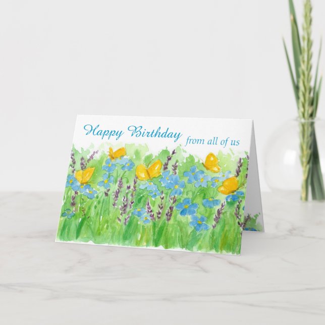 Happy Birthday From All Of Us Watercolor Flowers Card (Front)