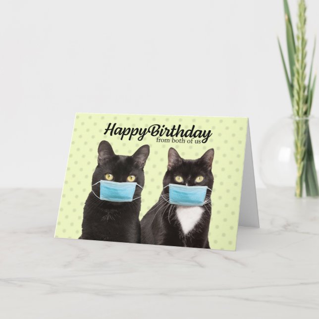 Happy Birthday From Both Cute Cat Couple in Masks Card (Front)