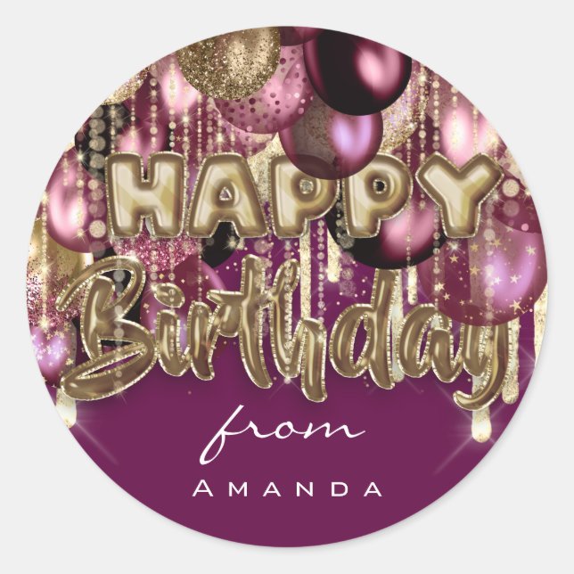 Happy Birthday From Burgundy GOLD Balloons Sepia Classic Round Sticker (Front)