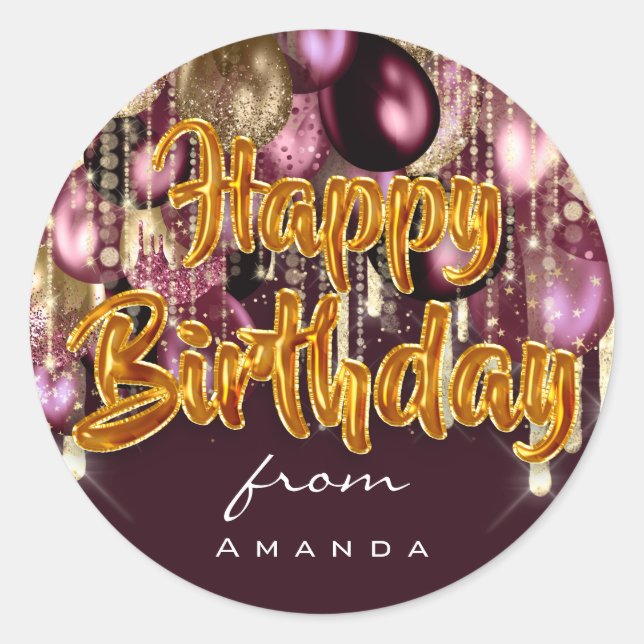 Happy Birthday From Burgundy GOLD Classic Round Sticker (Front)