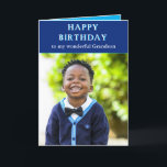 Happy Birthday from grandmother message photo card<br><div class="desc">Happy Birthday from Grandmother message photo card. Happy Birthday typed on front. Blue and white theme for the writing and background. Vibrant turquoise on the inside. Suitable for a portrait photo. Upright. Type your message inside. Do you want to put a photograph on the card– a photograph of the birthday...</div>