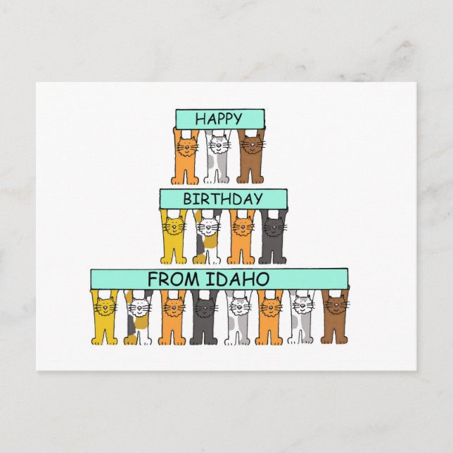 Happy Birthday from Idaho Cartoon Cats Postcard (Front)