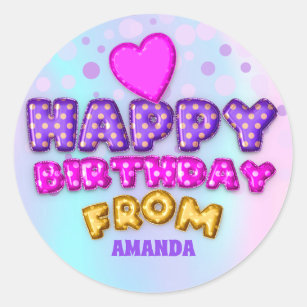 Happy Birthday From Name Balloon Pink Heart Gold Classic Round Sticker