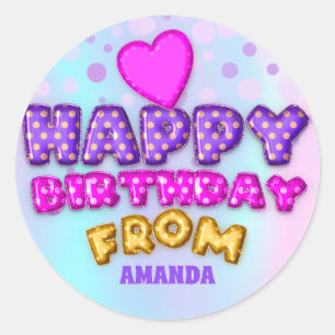 Happy Birthday From Name Balloon Pink Heart Gold Classic Round Sticker