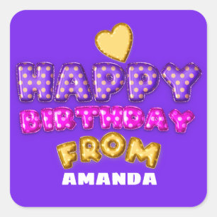 Happy Birthday From Name Balloons Pink Heart Blue Square Sticker