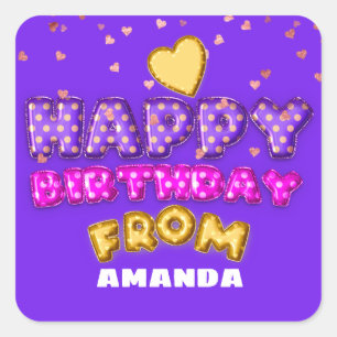 Happy Birthday From Name Balloons Pink Heart Comix Square Sticker