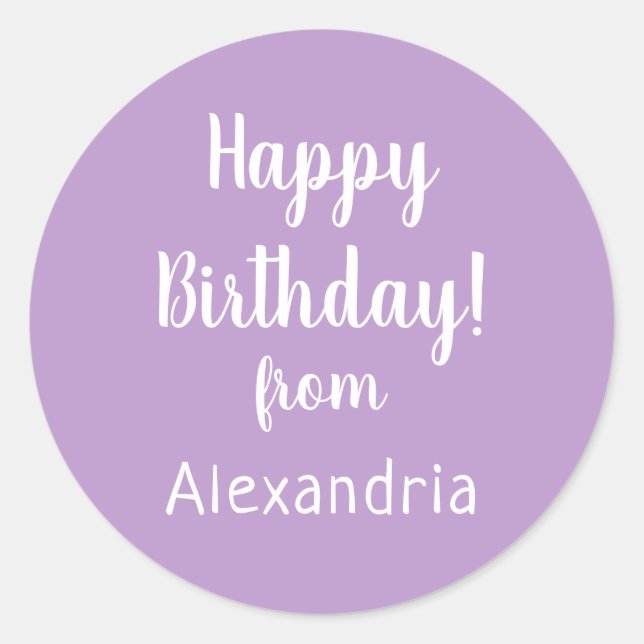 Happy Birthday from Name Lilac Purple Birthday Classic Round Sticker (Front)