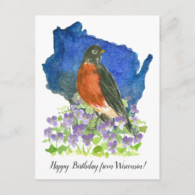 Happy Birthday from Wisconsin Robin Violets Postcard (Front)