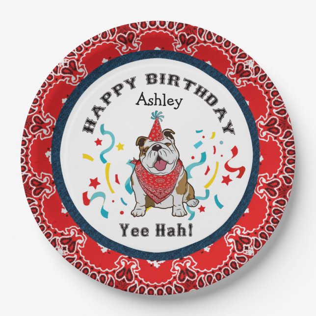 Happy Birthday from Your Bulldog Dog  Red Bandana Paper Plate (Front)