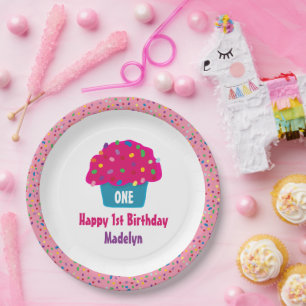 Happy Birthday Frosted Cupcake Rainbow Sprinkles Paper Plate
