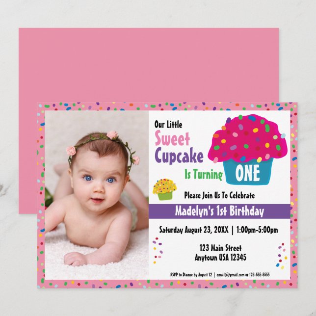 Happy Birthday Frosted Cupcake Sprinkles Invitation (Front/Back)