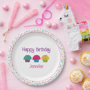Happy Birthday Frosted Cupcakes Rainbow Sprinkles  Paper Plate